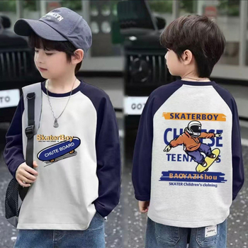 Berniukų marškinėliai su ilgomis rankovėmis iš 100% medvilnės, raglan spalvų blokai, apvalus kaklas, animacinis raštas, drėgmės valdymas, amžius 3–14 m