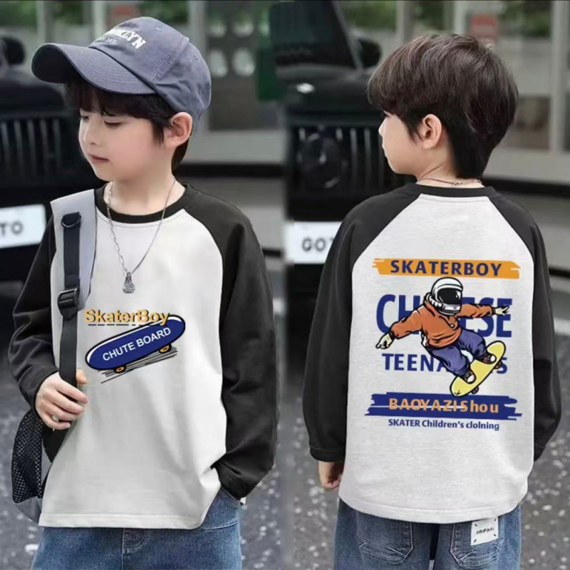 Berniukų marškinėliai su ilgomis rankovėmis iš 100% medvilnės, raglan spalvų blokai, apvalus kaklas, animacinis raštas, drėgmės valdymas, amžius 3–14 m