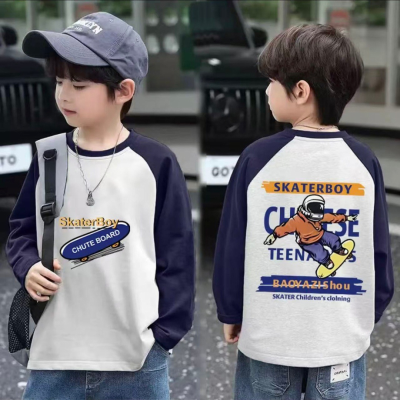 Berniukų marškinėliai su ilgomis rankovėmis iš 100% medvilnės, raglan spalvų blokai, apvalus kaklas, animacinis raštas, drėgmės valdymas, amžius 3–14 m