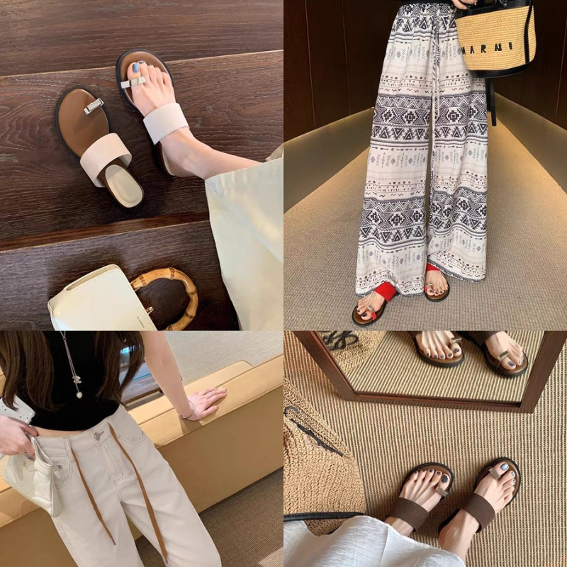 Puhkuslikud slip-on sandaalid varbalõngaga, 4 cm kõrgune tõstmine, pealne ja siserõhk kiudmaterjalist, kummist tald, ümmargune varvas