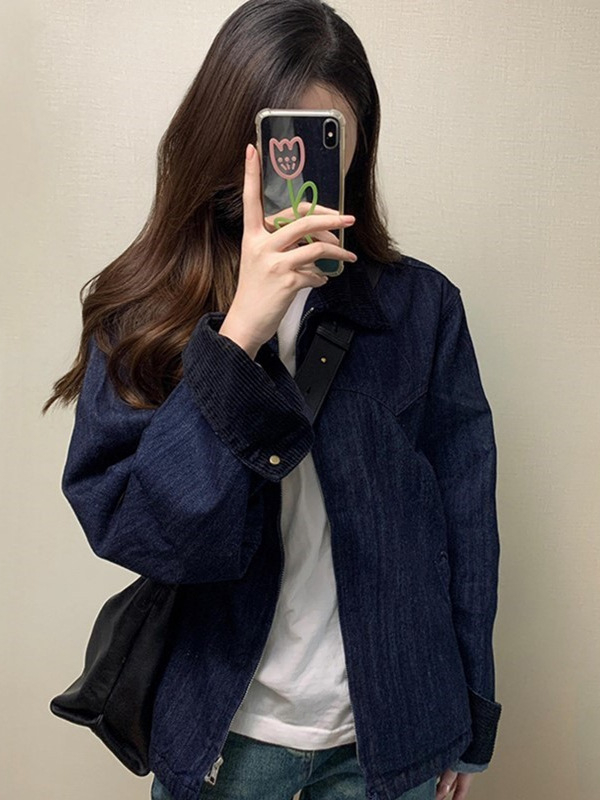 Koreai stílusú őszi kabát, laza szabású, korduroj felső, galléros polo, hosszú ujjú, hossz 50–65 cm