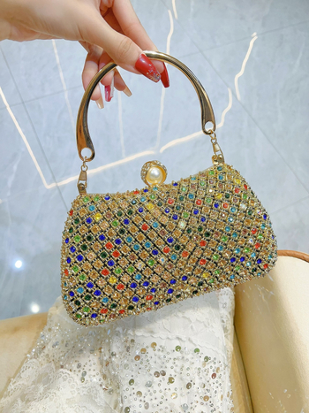 Geantă de seară/banchet cu perle împodobite cu diamante și lanț, din poliester, închidere cu lacăt, formă de pernă, buzunar interior pentru telefon