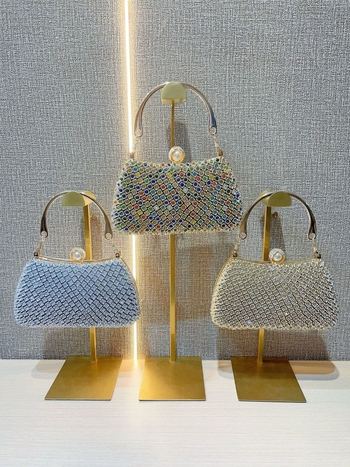 Geantă de seară/banchet cu perle împodobite cu diamante și lanț, din poliester, închidere cu lacăt, formă de pernă, buzunar interior pentru telefon