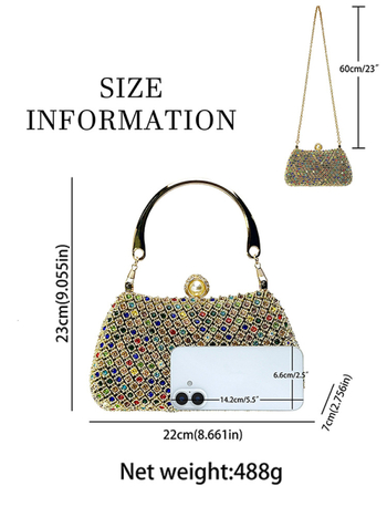 Geantă de seară/banchet cu perle împodobite cu diamante și lanț, din poliester, închidere cu lacăt, formă de pernă, buzunar interior pentru telefon