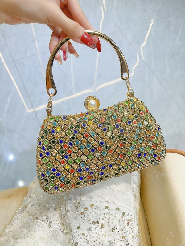 Geantă de seară/banchet cu perle împodobite cu diamante și lanț, din poliester, închidere cu lacăt, formă de pernă, buzunar interior pentru telefon