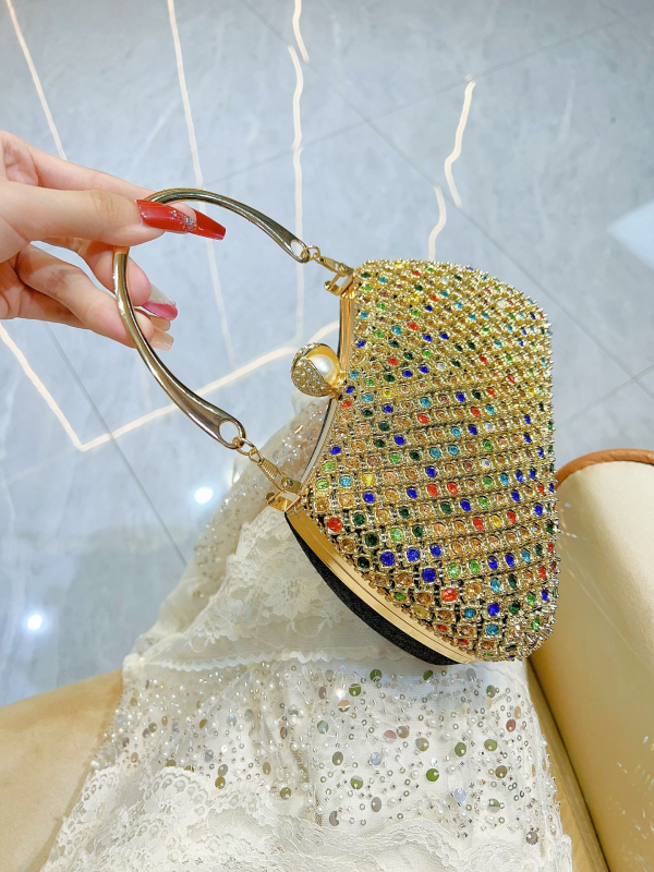 Geantă de seară/banchet cu perle împodobite cu diamante și lanț, din poliester, închidere cu lacăt, formă de pernă, buzunar interior pentru telefon