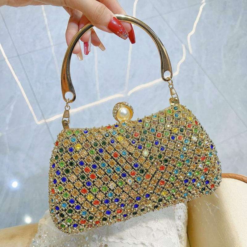 Geantă de seară/banchet cu perle împodobite cu diamante și lanț, din poliester, închidere cu lacăt, formă de pernă, buzunar interior pentru telefon