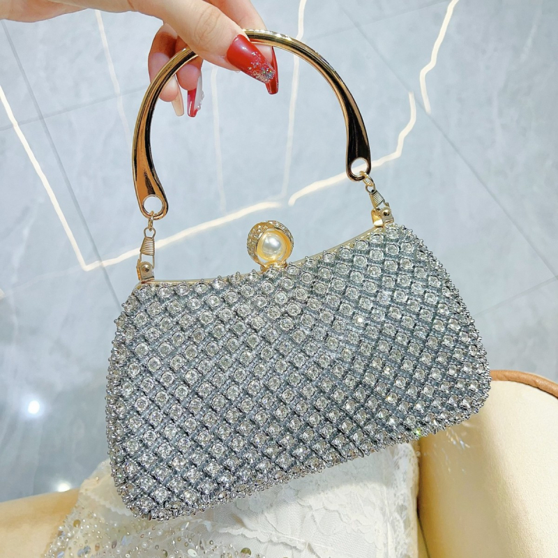 Geantă de seară/banchet cu perle împodobite cu diamante și lanț, din poliester, închidere cu lacăt, formă de pernă, buzunar interior pentru telefon