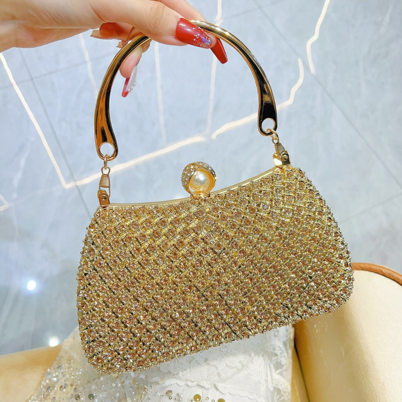 Geantă de seară/banchet cu perle împodobite cu diamante și lanț, din poliester, închidere cu lacăt, formă de pernă, buzunar interior pentru telefon