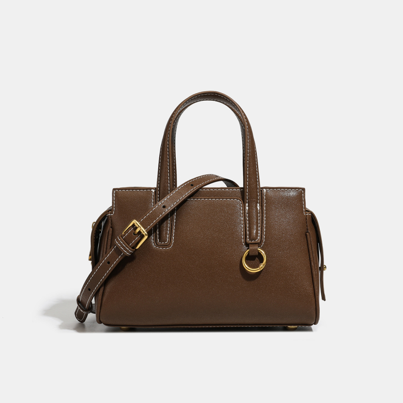 Geantă de damă din piele naturală, piele tratată vegetal, formă orizontală pătrată, fermoar, căptușeală din țesătură