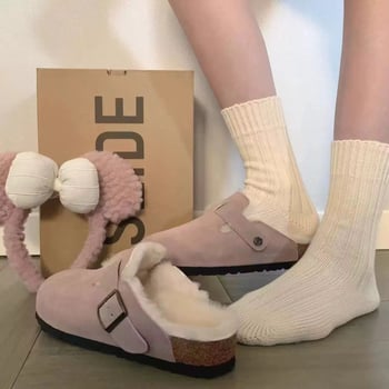 Pantofi de casă din velur cu talpă groasă din cauciuc, vârf rotund, căptușeală din pluș artificial