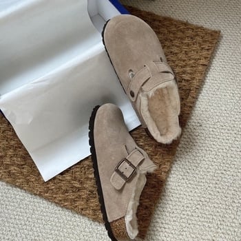 Pantofi de casă din velur cu talpă groasă din cauciuc, vârf rotund, căptușeală din pluș artificial