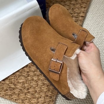 Pantofi de casă din velur cu talpă groasă din cauciuc, vârf rotund, căptușeală din pluș artificial