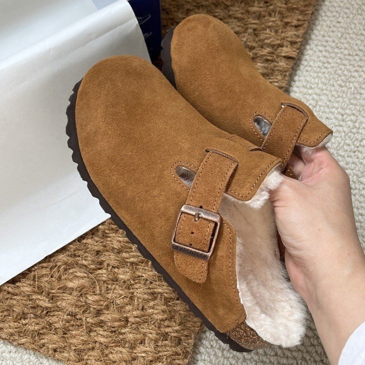 Pantofi de casă din velur cu talpă groasă din cauciuc, vârf rotund, căptușeală din pluș artificial