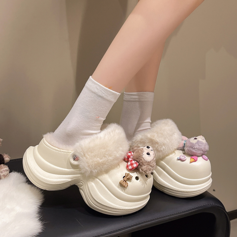 Papuci de iarnă pentru femei, cloguri cu vârf închis, căptuți cu pluș, talpă EVA 6 cm, crește înălțimea, antiderapante