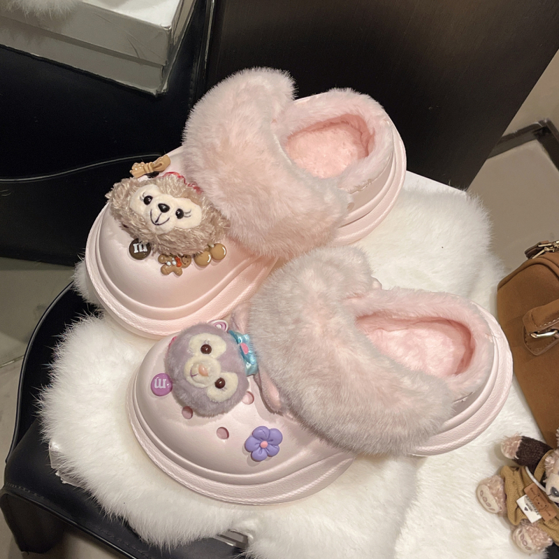 Papuci de iarnă pentru femei, cloguri cu vârf închis, căptuți cu pluș, talpă EVA 6 cm, crește înălțimea, antiderapante