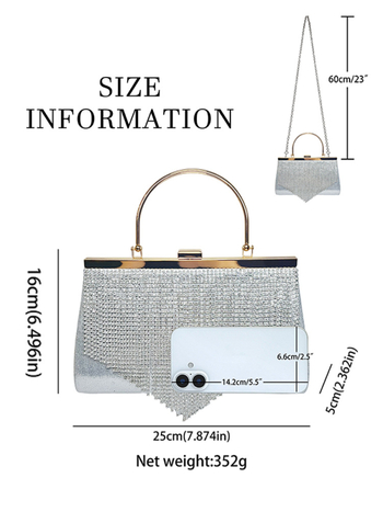 Geantă clutch cu ciucure decorat cu cristale, formă orizontală pătrată, poliester, buzunare interne pentru telefon și ID, deschidere deschisă, stil urban minimalist.