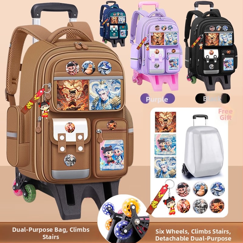 Geantă școlară cu roți pentru copii – pânză, impermeabilă, ușoară, protecție a coloanei vertebrale, bretele curbate