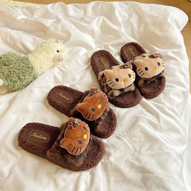 Papuci de femei cu imprimeu leopard și blană artificială | Stil desen animat, talpă EVA 3-5 cm, antiderapante, mențin căldura