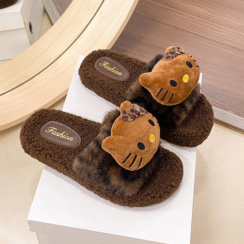 Papuci de femei cu imprimeu leopard și blană artificială | Stil desen animat, talpă EVA 3-5 cm, antiderapante, mențin căldura