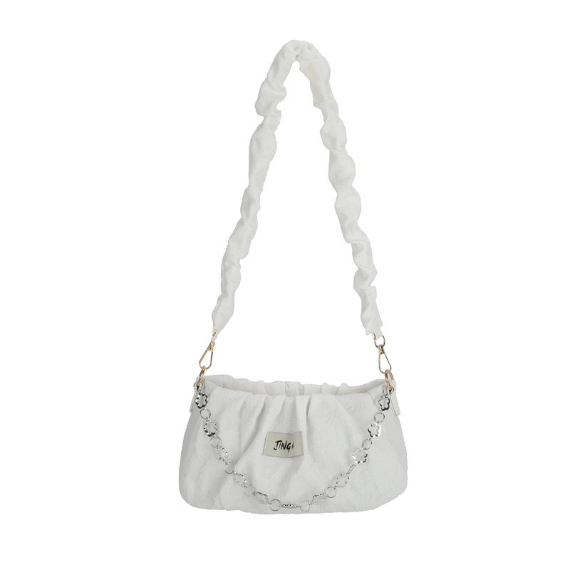 Geantă mică din nylon, pătrată, cu lanț — crossbody, buzunar deschis, material moale