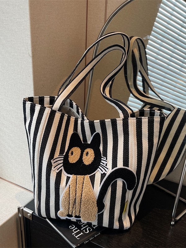 Geantă tote din pânză în stil coreean cu dungi și broderie cartoon pe prosop, fermoar, formă orizontal pătrată, căptușeală poliester, iarna 2025