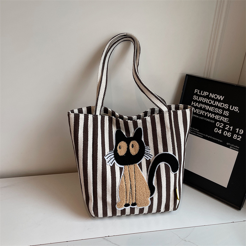 Geantă tote din pânză în stil coreean cu dungi și broderie cartoon pe prosop, fermoar, formă orizontal pătrată, căptușeală poliester, iarna 2025