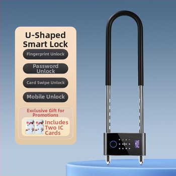 U‑formas elektroniskā slēdzene stikla durvīm ar pirksta nospiedumu, paroli un atslēgu — Pēdu nospiedumu glabāšana: 100; Atvērumi: >100000; Skenera laiks: <0,3 s; Viltīga atpazīšana: <0,15%; Strāvas padeve: DC