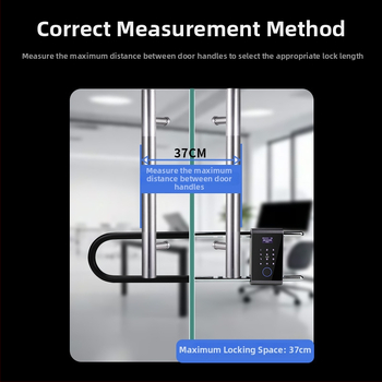 U‑formas elektroniskā slēdzene stikla durvīm ar pirksta nospiedumu, paroli un atslēgu — Pēdu nospiedumu glabāšana: 100; Atvērumi: >100000; Skenera laiks: <0,3 s; Viltīga atpazīšana: <0,15%; Strāvas padeve: DC