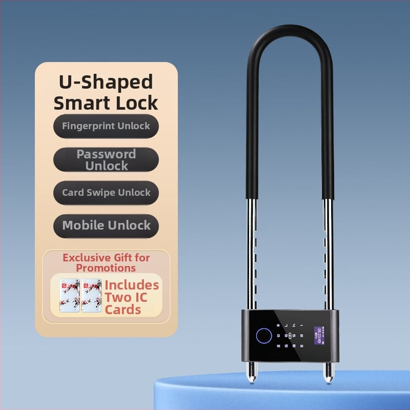 U‑formas elektroniskā slēdzene stikla durvīm ar pirksta nospiedumu, paroli un atslēgu — Pēdu nospiedumu glabāšana: 100; Atvērumi: >100000; Skenera laiks: <0,3 s; Viltīga atpazīšana: <0,15%; Strāvas padeve: DC