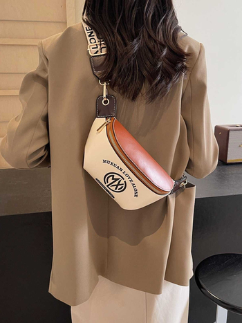 Geantă crossbody cu bretea lată, PU material, închidere cu fermoar, buzunar interior cu fermoar, exterior cu capac, Mu xuan