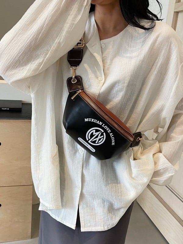 Geantă crossbody cu bretea lată, PU material, închidere cu fermoar, buzunar interior cu fermoar, exterior cu capac, Mu xuan