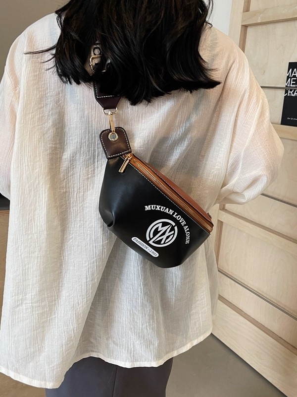 Geantă crossbody cu bretea lată, PU material, închidere cu fermoar, buzunar interior cu fermoar, exterior cu capac, Mu xuan