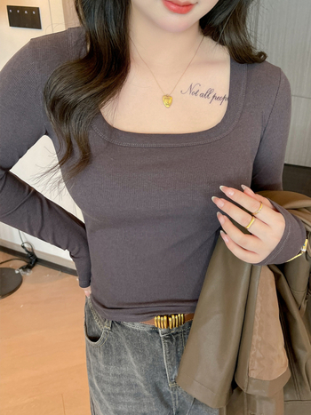 Női póló négyszögletes nyakkal, hosszú ujjú, egyszínű, modal-viszkóz-spandex keverék, karcsú fazon