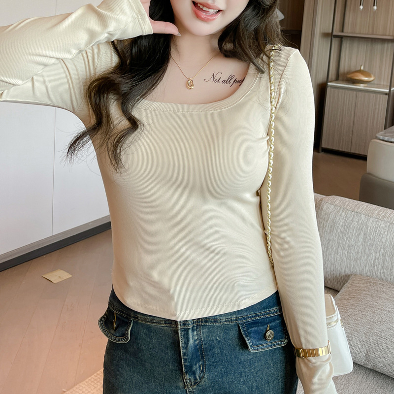 Női póló négyszögletes nyakkal, hosszú ujjú, egyszínű, modal-viszkóz-spandex keverék, karcsú fazon