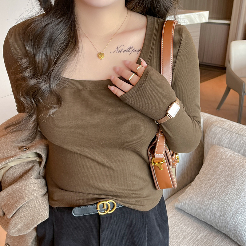 Női póló négyszögletes nyakkal, hosszú ujjú, egyszínű, modal-viszkóz-spandex keverék, karcsú fazon