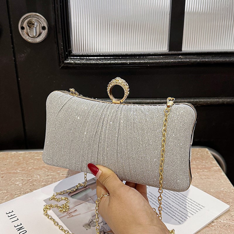 Večernja clutch s lancem i zaključavanjem na kopču, mini kvadratna torbica, horizontalni kvadratni oblik, sjajan dijamantni materijal, tvrda konstrukcija