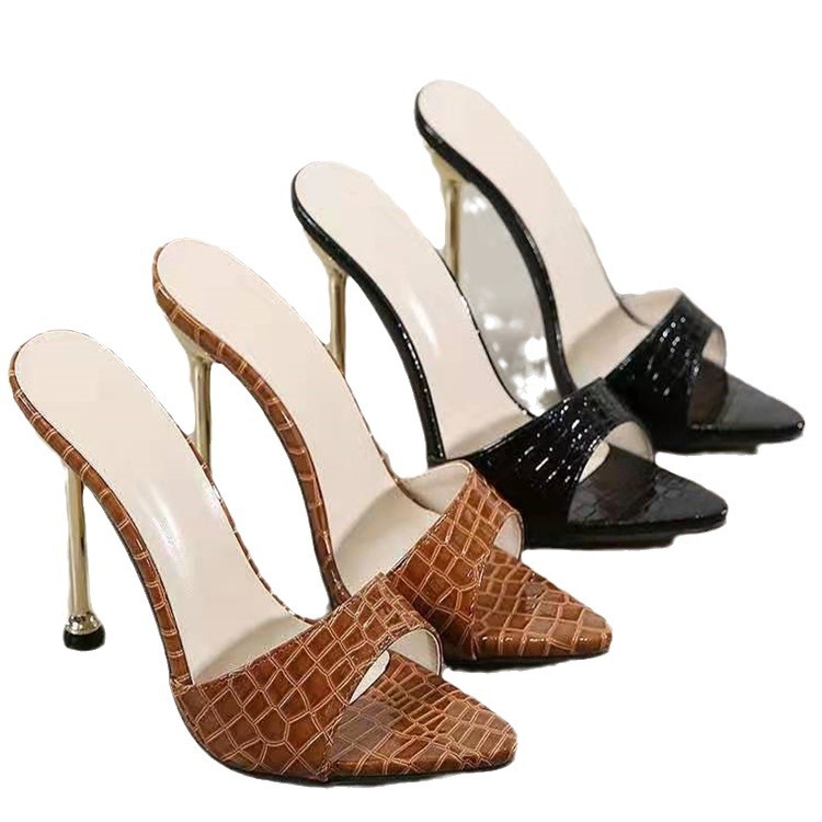 Сандали за жени със змийски модел, отворен пръст, остър нос, високи токчета, гумирана подметка, PU подплата, лято 2021