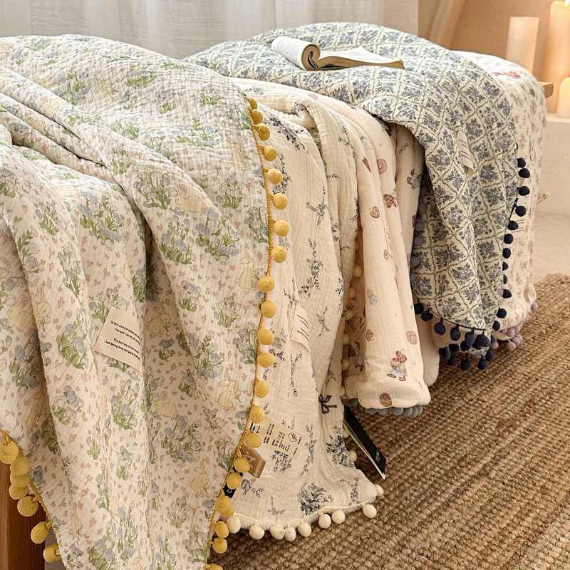 Koreijietiško stiliaus gėlių gauzės pledas dviejų sluoksnių, pavasaris-ruduo, dydis 160x200-220 cm, tinkamas biurui ir poilsiui ant sofos