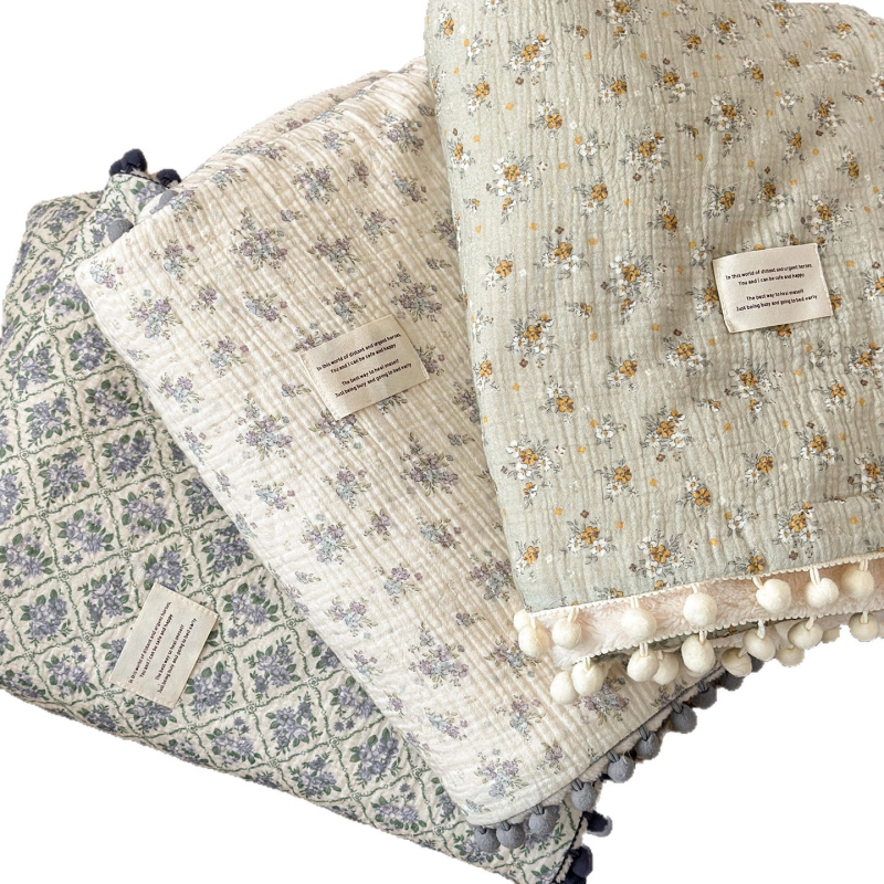 Koreijietiško stiliaus gėlių gauzės pledas dviejų sluoksnių, pavasaris-ruduo, dydis 160x200-220 cm, tinkamas biurui ir poilsiui ant sofos