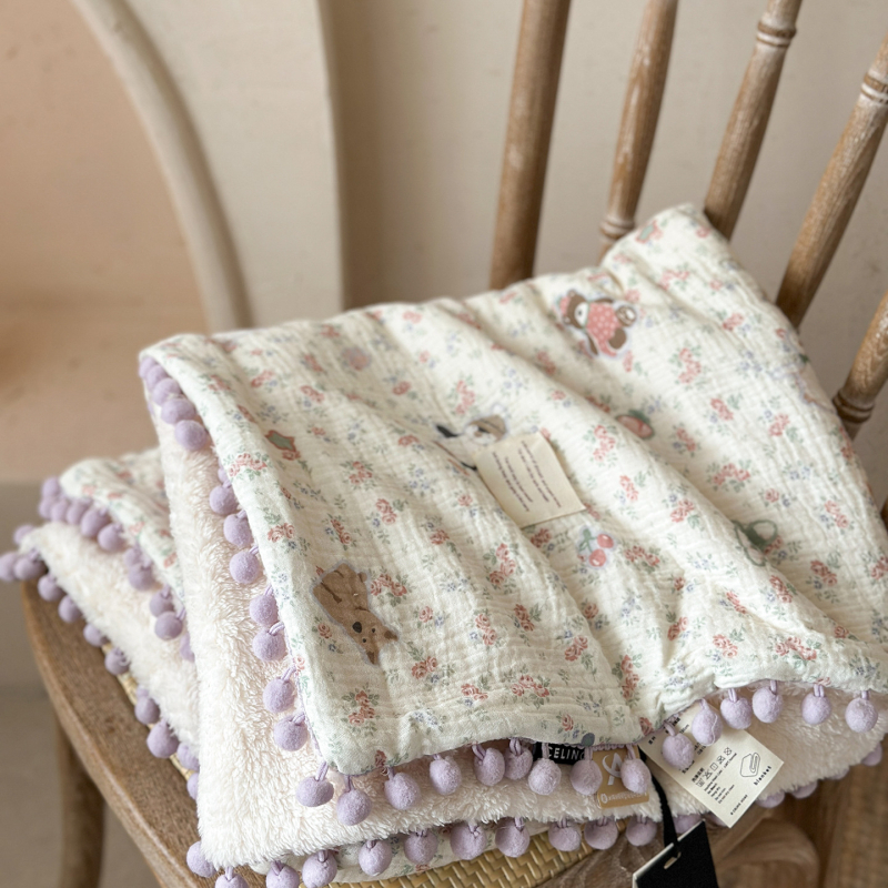 Koreijietiško stiliaus gėlių gauzės pledas dviejų sluoksnių, pavasaris-ruduo, dydis 160x200-220 cm, tinkamas biurui ir poilsiui ant sofos