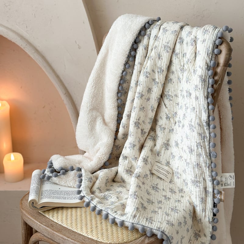 Koreijietiško stiliaus gėlių gauzės pledas dviejų sluoksnių, pavasaris-ruduo, dydis 160x200-220 cm, tinkamas biurui ir poilsiui ant sofos