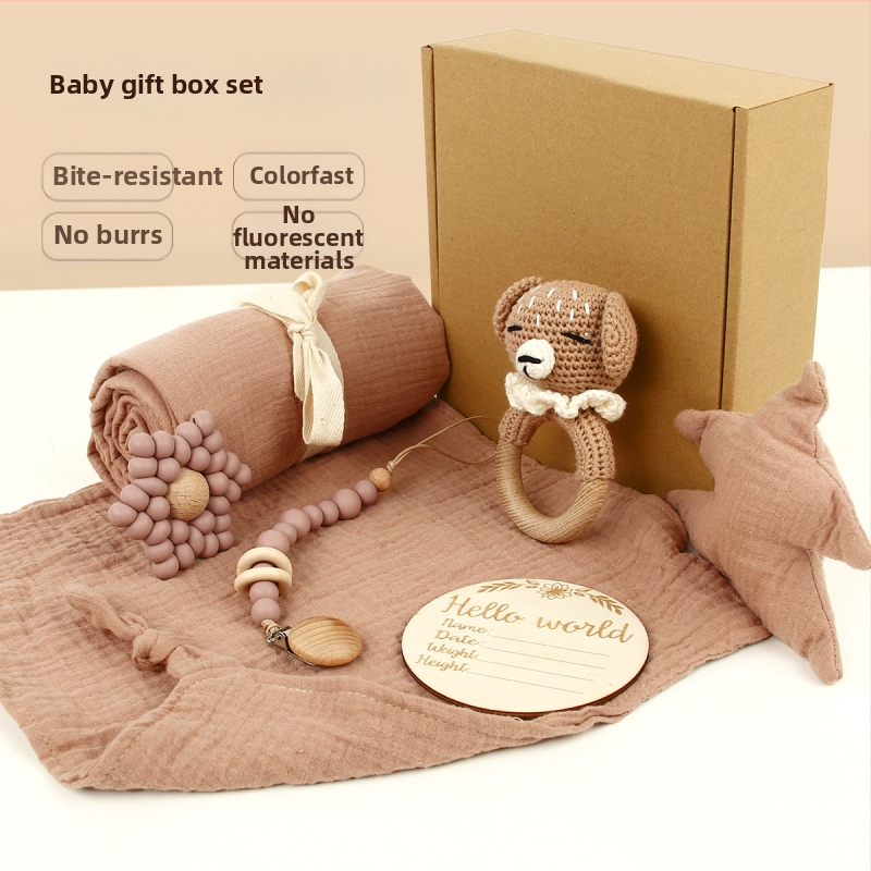 Bērnu dāvanu komplekta kaste – kokvilnas audums, mīkstas dzīvnieku zvaniņu rotaļlietas, daudzdaļīgs komplekts zīdaiņiem (0–12 mēneši)