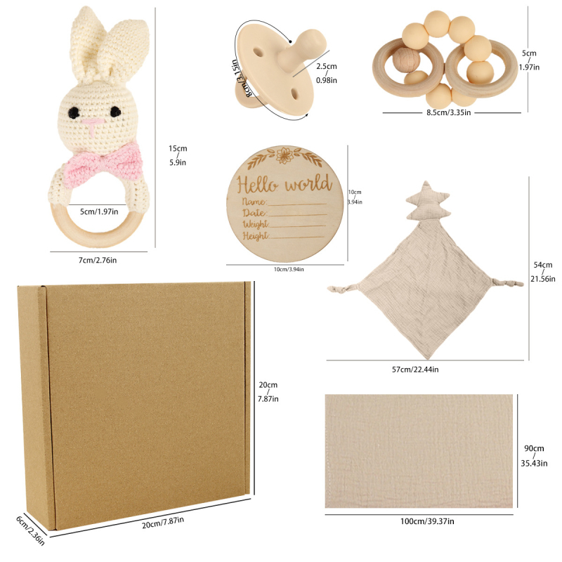 Bērnu dāvanu komplekta kaste – kokvilnas audums, mīkstas dzīvnieku zvaniņu rotaļlietas, daudzdaļīgs komplekts zīdaiņiem (0–12 mēneši)