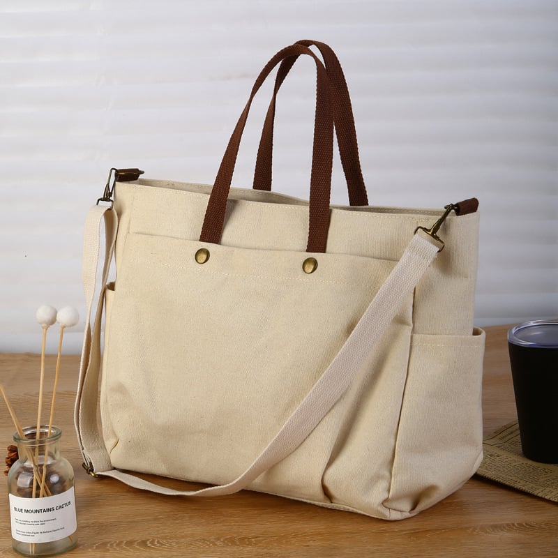 Platnena Tote torba preko ramena sa zatvaračem, gradski minimalistički stil, horizontalni kvadratni oblik