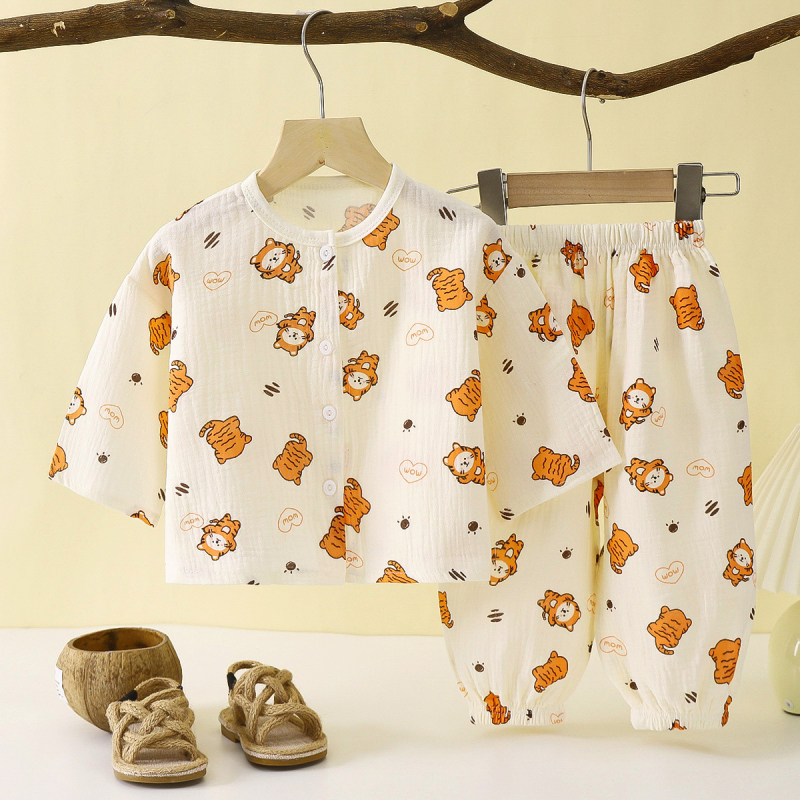 Gyerekeknek szóló alvóruha-készlet, kétszeresen rétegű pamut géz anyagból, koreai stílus, 3–8 éveseknek, tavasz és nyár