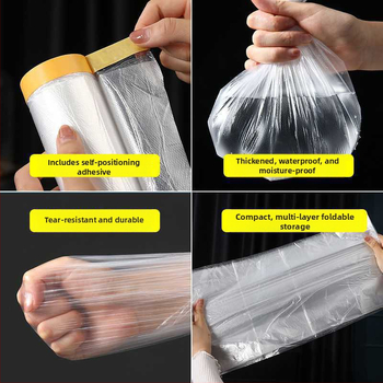 Zaštitni maskirajući film za prskanje boja s PE folijom i japanskim papirom; zaštita od prašine za automobile i namještaj. Širina 55–450 cm, duljina 6,5–20 m, prozirnost 80%, jaka adhezija.