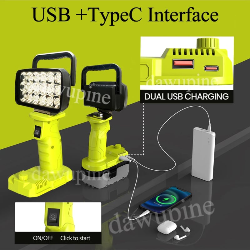 LED Φωτιστικό εργασίας με απεριόριστο ρυθμιζόμενο φωτισμό – τροφοδοσία με μπαταρία, εξωτερική χρήση, εμβέλεια 100–200 m