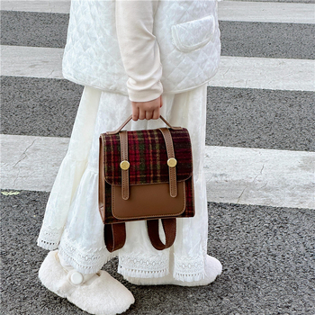 Unisex dječji ruksak od PU s kariranim vunenim šavovima, podstavljena poliesterom, zakrivljene naramenice, za učenike 1.–2. razreda, svakodnevna uporaba