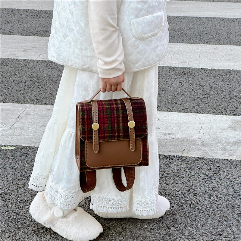 Unisex dječji ruksak od PU s kariranim vunenim šavovima, podstavljena poliesterom, zakrivljene naramenice, za učenike 1.–2. razreda, svakodnevna uporaba